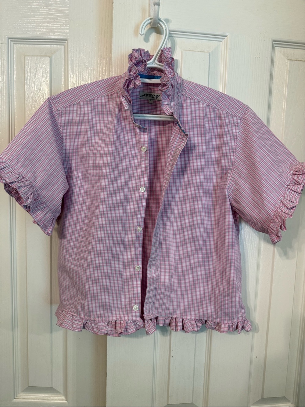 Lands' End Pink Check Ruffle Collar Button-Up Top
